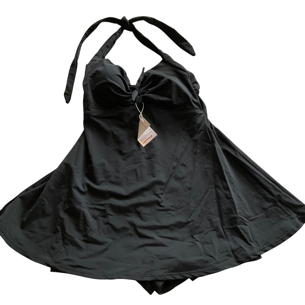 COCOSHIP Swimdress Women 14 Black Halter Neck Skirted One Piece Swimsuit